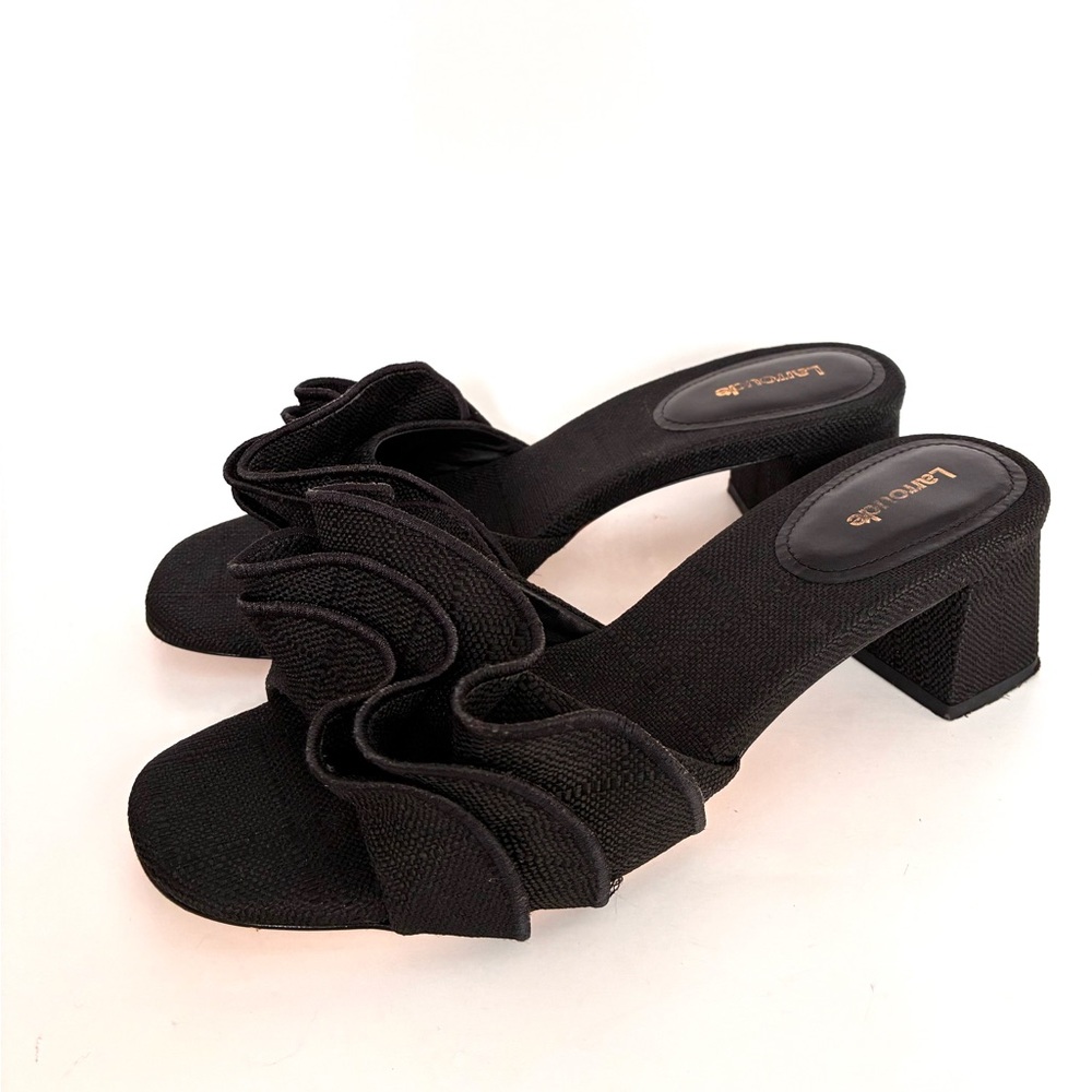 Larroude Brigitte Ruffle Raffia Block Heel Sandals (9.5) - Picture 5 of 13